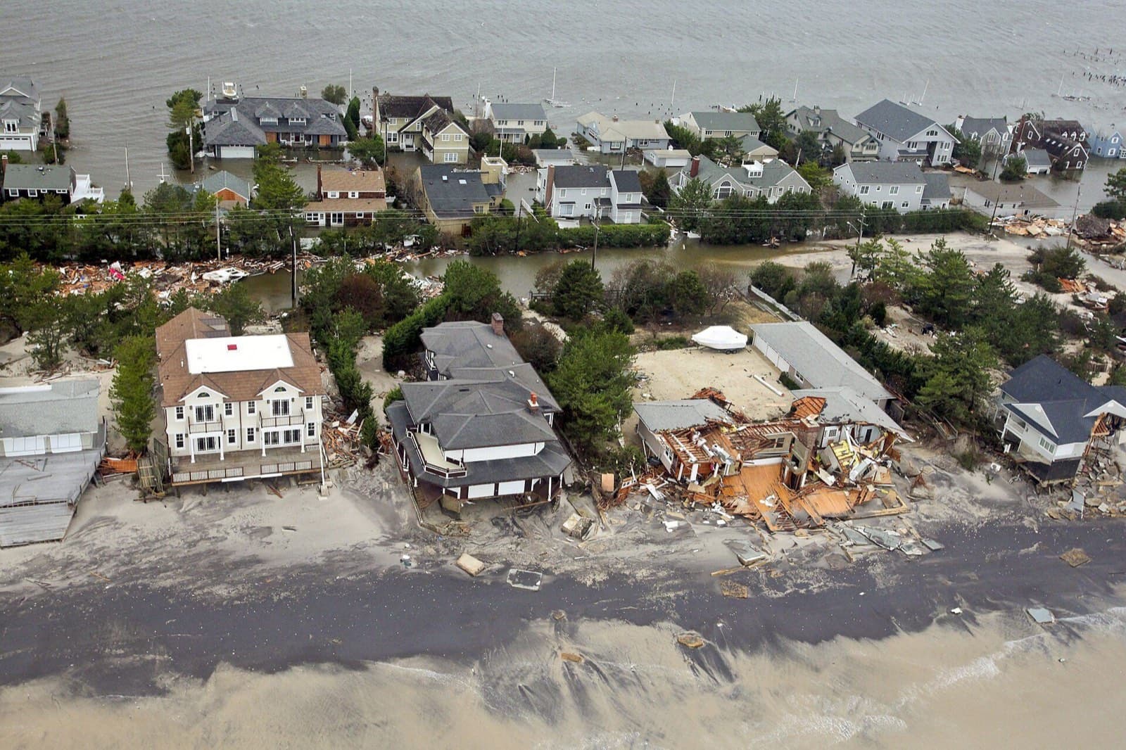 Aerial view of Hurricane Sandy damage to coastal homes, US Army search-and-rescue mission October 30, 2012