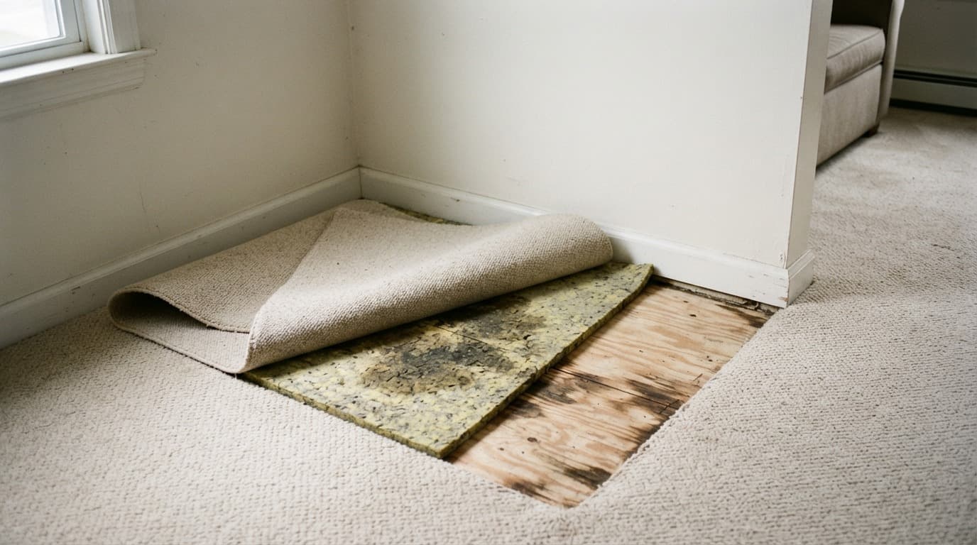 Carpet folded back in a room corner exposing urine staining in the carpet pad and the plywood subfloor underneath
