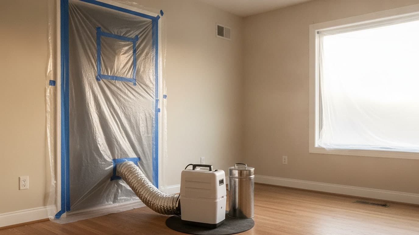 Sealed residential interior under chlorine dioxide gas odor treatment with containment sheeting and air handling equipment