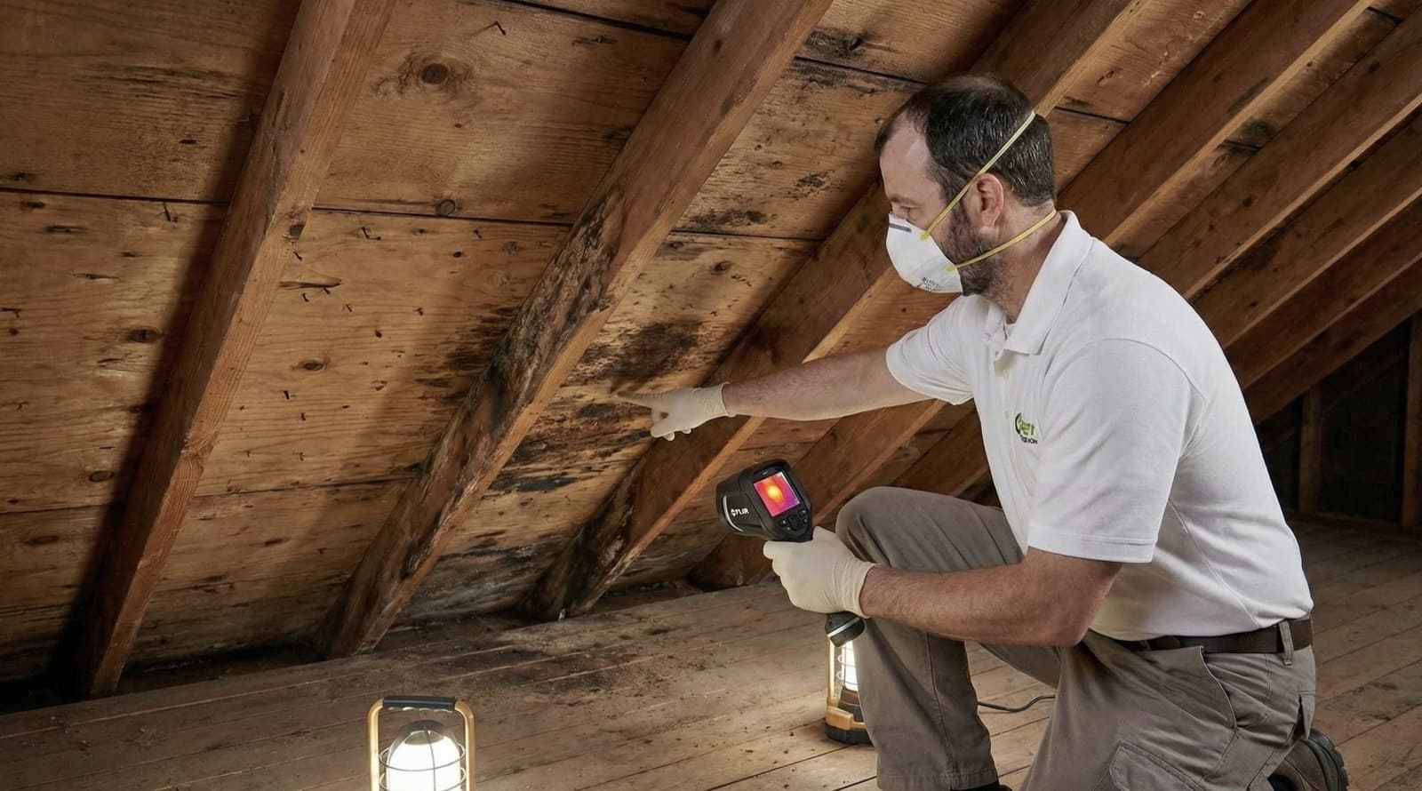Green Restoration owner measuring moisture with a Tramex meter during a same-day mold inspection in a Branford CT home