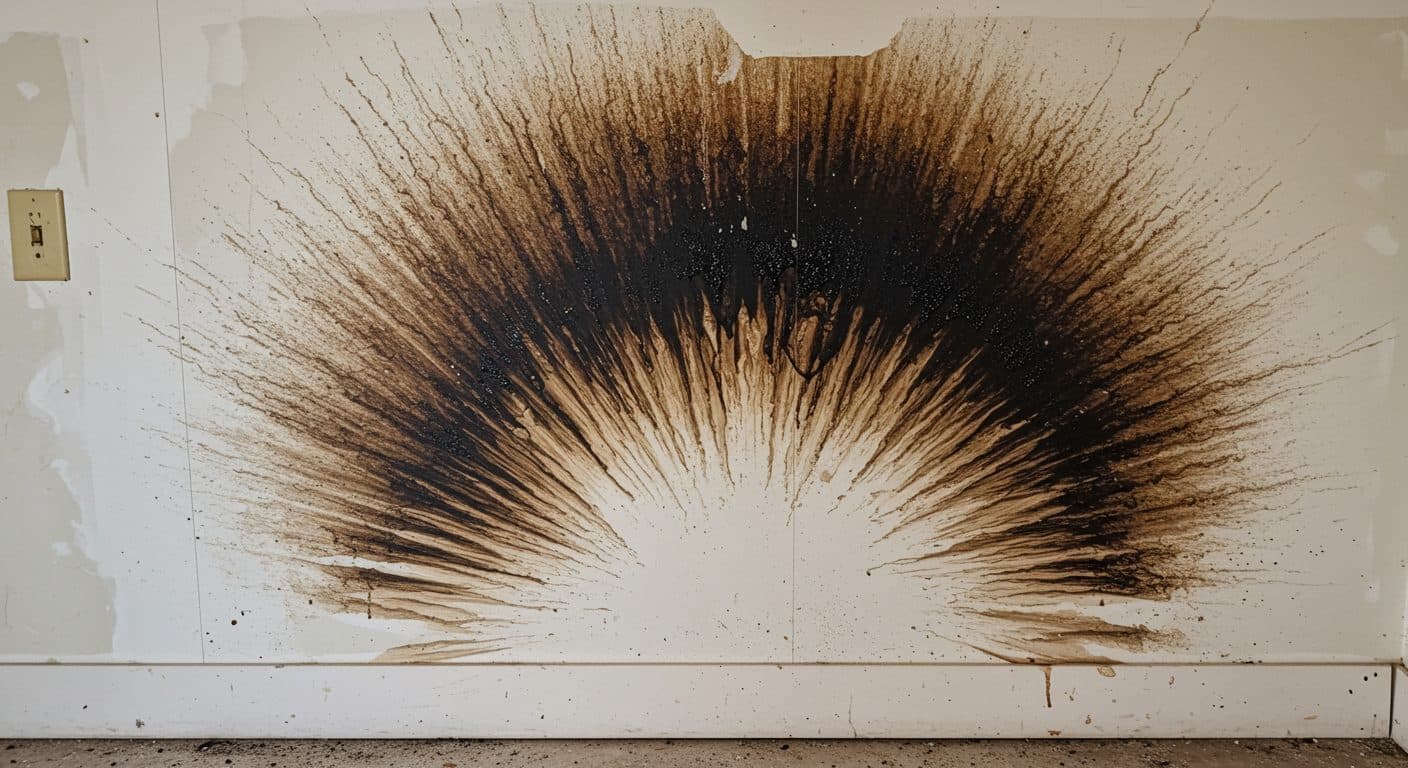 Residential basement oil furnace with heavy black soot radiating from the burner chamber onto the concrete floor, with yellow brown staining climbing the wall behind the unit and a soot dusted thermostat panel visible