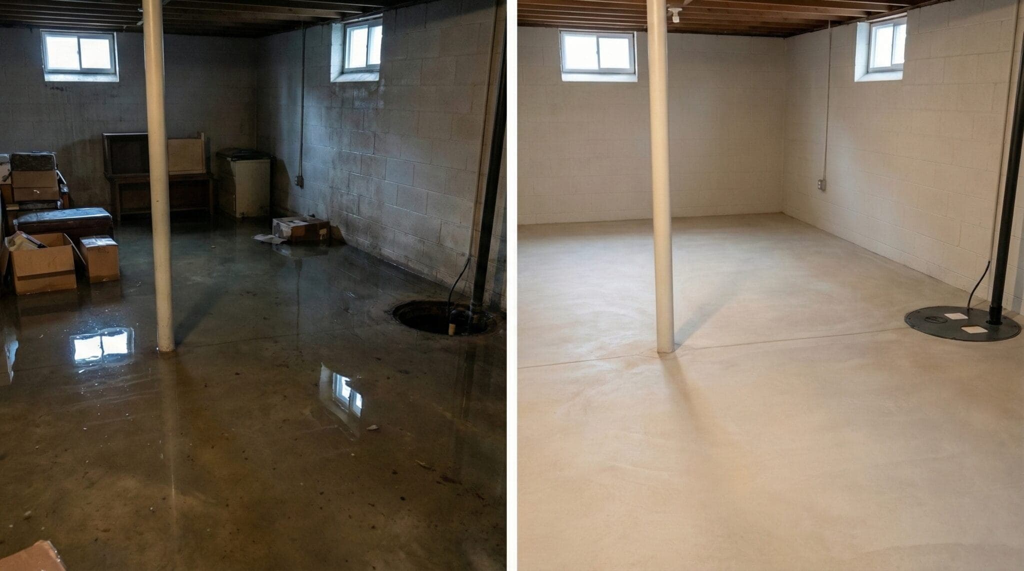 Before and after side by side photos of a flooded New England residential basement: left side shows standing floodwater pooled against block walls with debris and cardboard boxes soaked along the perimeter, right side shows the same basement fully dried, cleaned, and restored to pre-loss condition by Green Restoration IICRC certified crews