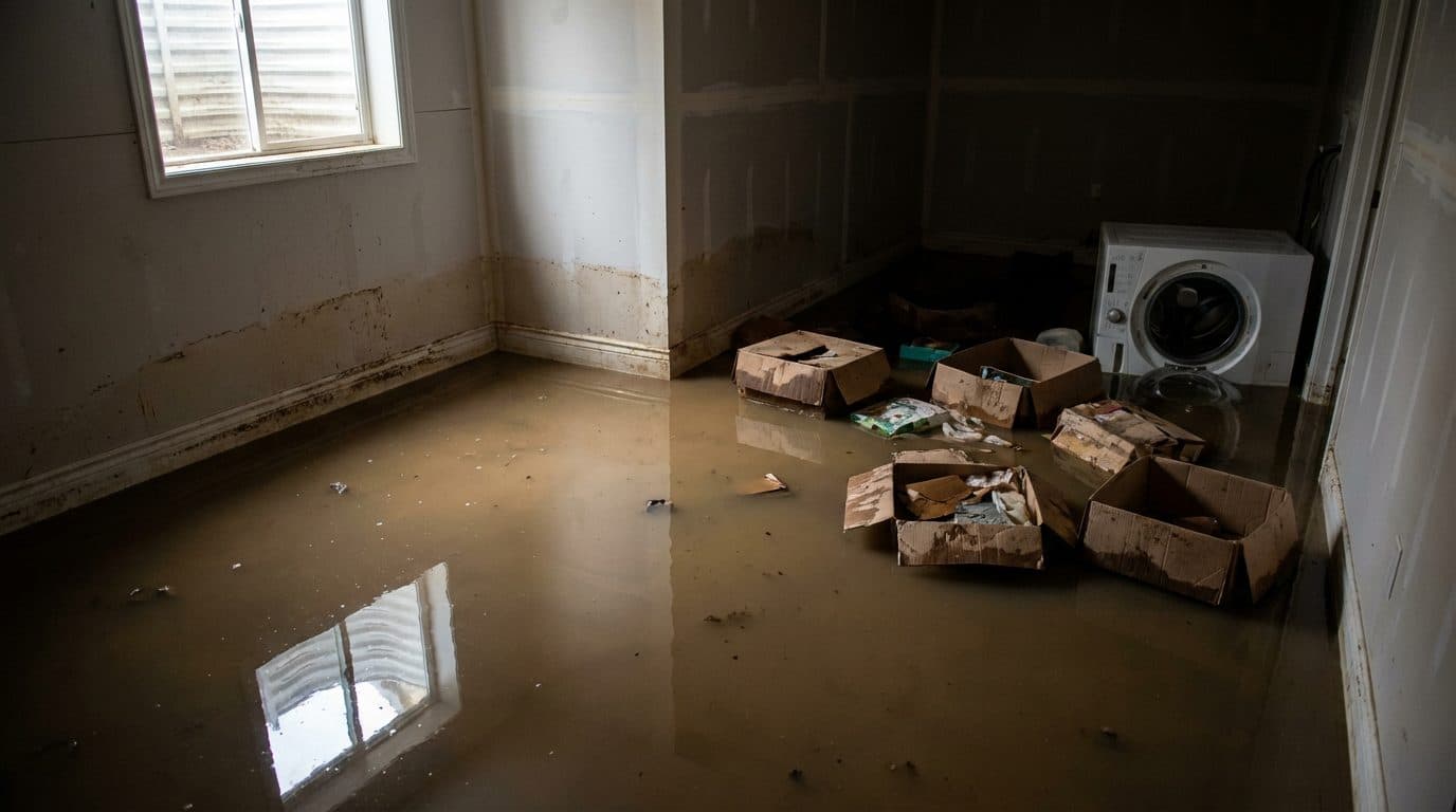 Flooded laundry room with brown standing water, a dark contamination line staining the drywall above the baseboard, and soaked cardboard boxes floating beside a washer