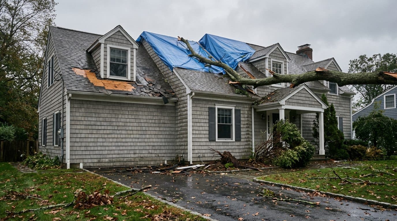 Residential asphalt shingle roof with visible storm damage and lifted shingles documented during a Green Restoration roof leak inspection in the tri-state