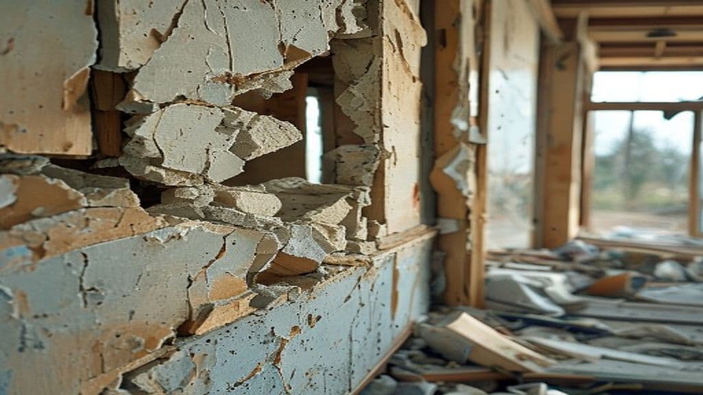 Partially collapsed residential wood framed wall with exposed 2x4 studs and shattered drywall showing tornado structural damage in soft daylight, documented by Green Restoration licensed engineers across the tri-state