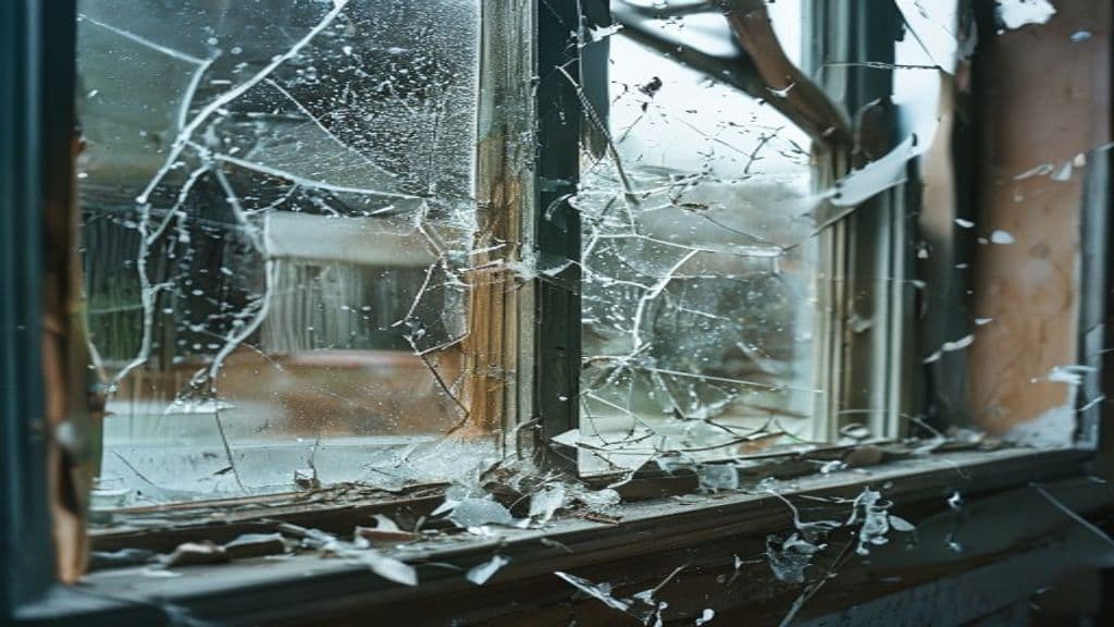 Shattered residential window glass and broken wood window frame after tornado impact with scattered debris on the windowsill, documented by Green Restoration engineering crews across the tri-state