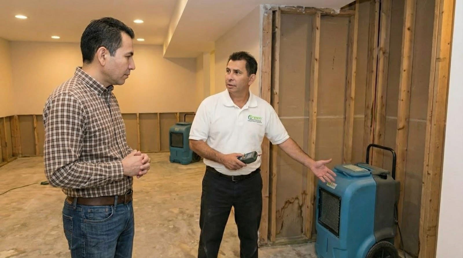 Green Restoration owner consulting with a Newtown CT homeowner about water damage restoration