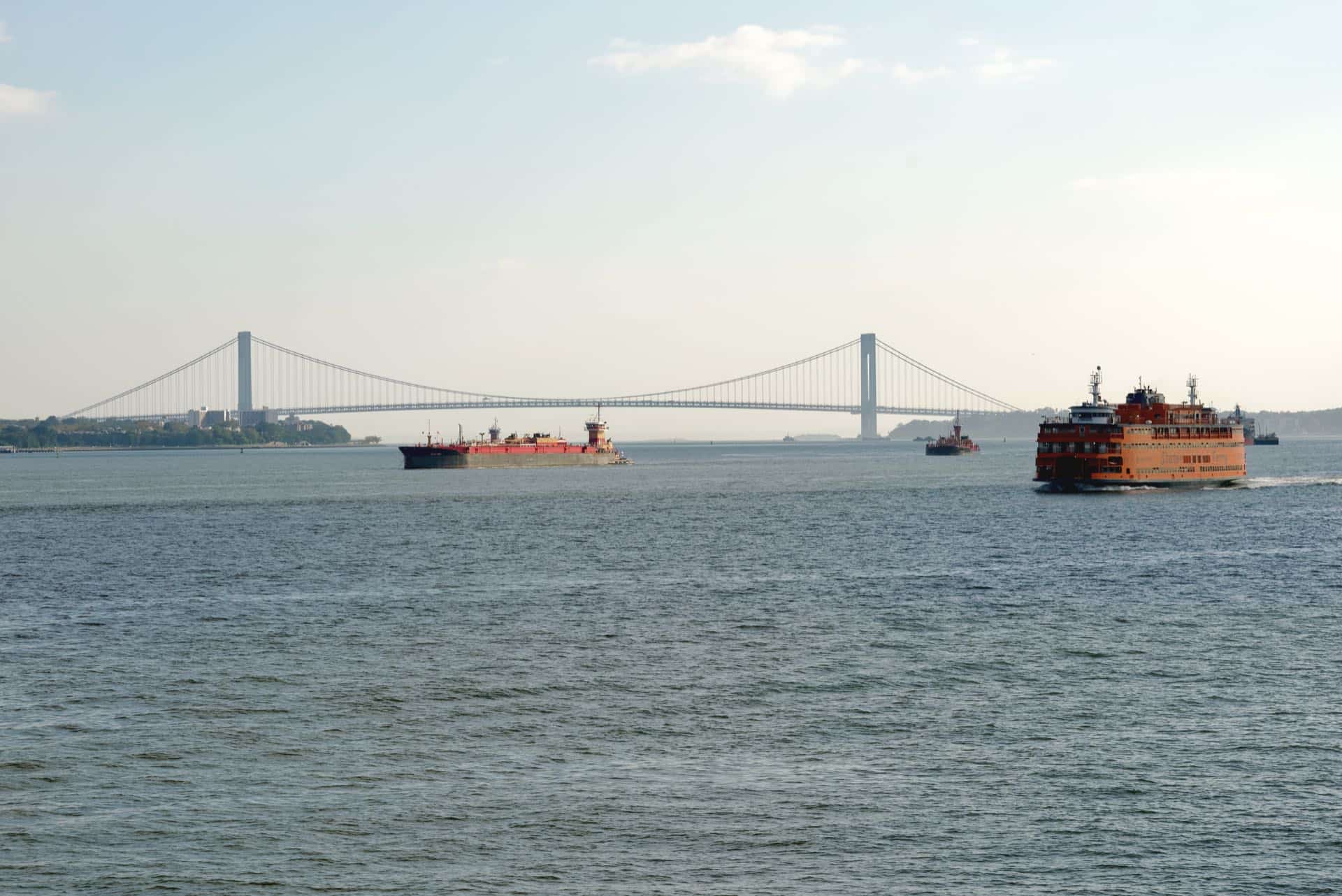 The Verrazzano-Narrows Bridge and New York Harbor seen from the Staten Island Ferry. Green Restoration provides 24/7 water, fire, mold, and storm damage restoration in Staten Island, NY.