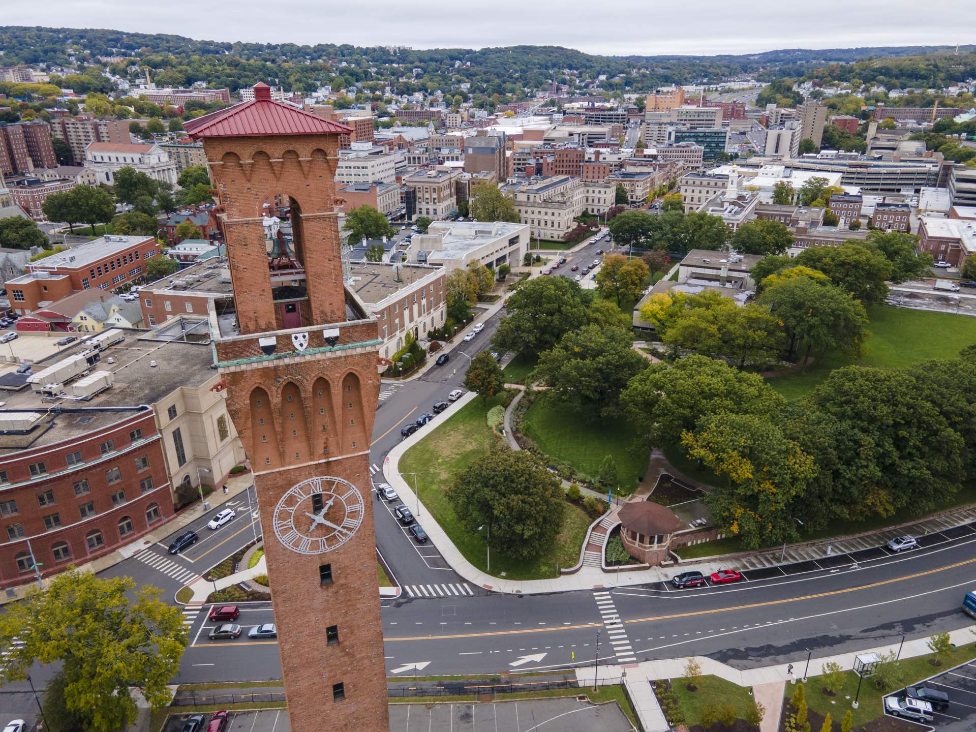 Waterbury, Connecticut downtown and the Union Station clock tower served by Green Restoration.