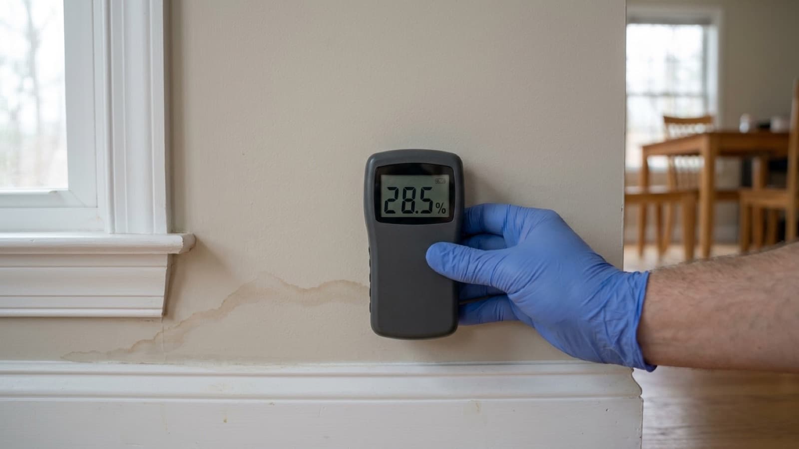 Moisture meter reading 28.5 percent on a water stained wall above the baseboard in a Newtown Connecticut home during a Green Restoration water damage inspection