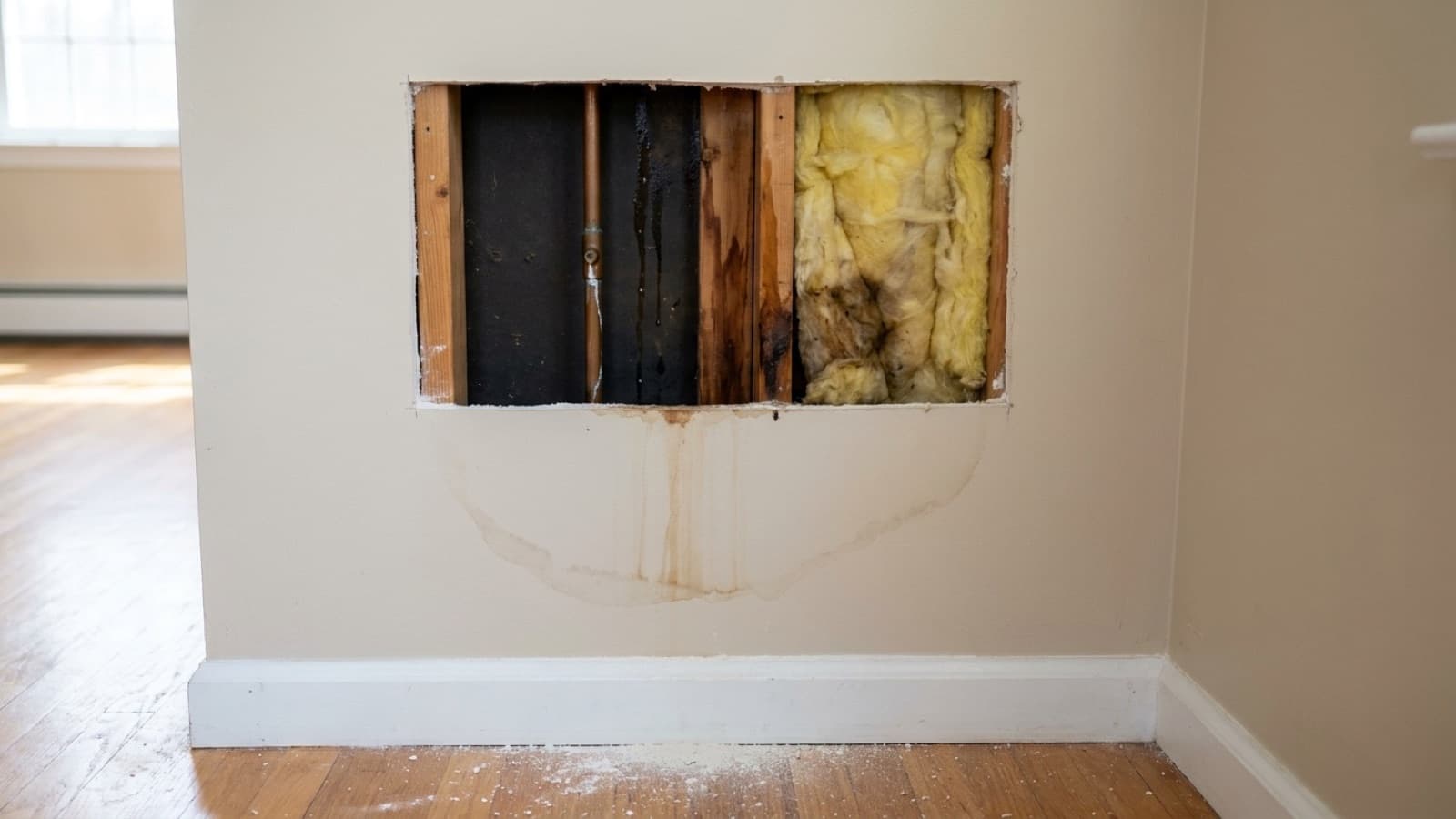 Inspection opening cut into a wall revealing a leaking copper supply pipe and water stained framing in a Middletown Connecticut home, documented by Green Restoration
