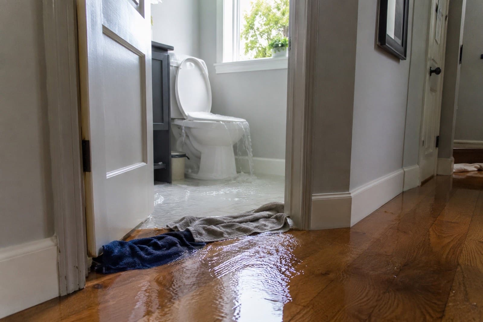 Overflowing toilet spilling water across a bathroom floor and out onto an adjacent hardwood hallway