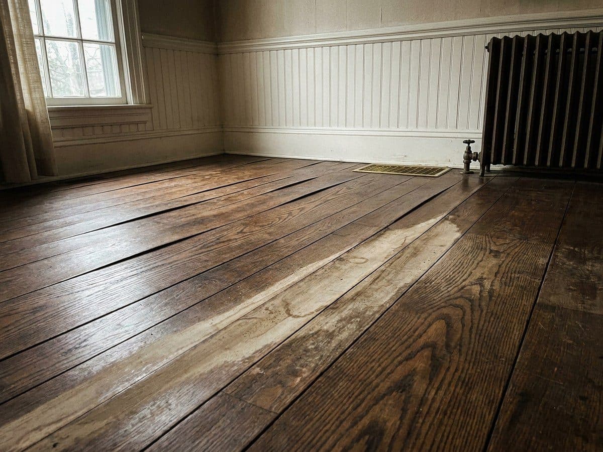 Cupped and buckled hardwood flooring caused by water damage and trapped subfloor moisture