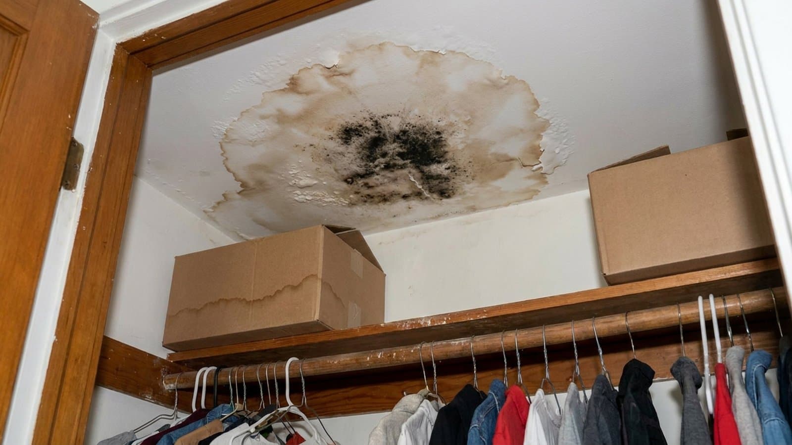 Water stained closet ceiling with dark discoloration above clothes on hangers in an older Connecticut rental apartment after a roof leak