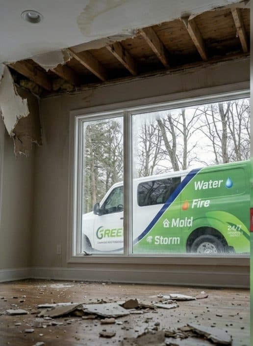 Water damage in a Yonkers NY pre-1940 brick walk-up, plaster ceiling stain with Green Restoration van visible
