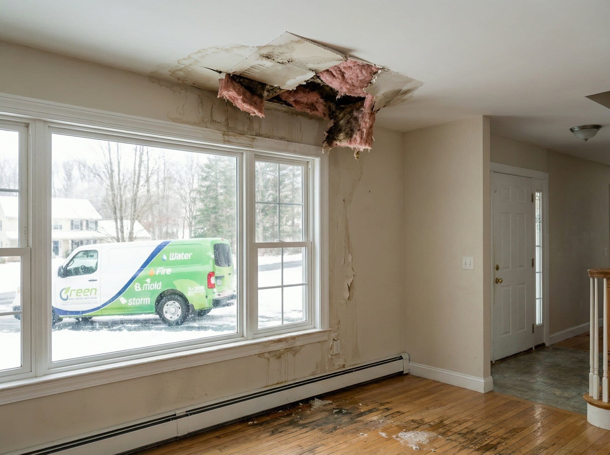 Green Restoration technician assessing water damage in a New London County, Connecticut home