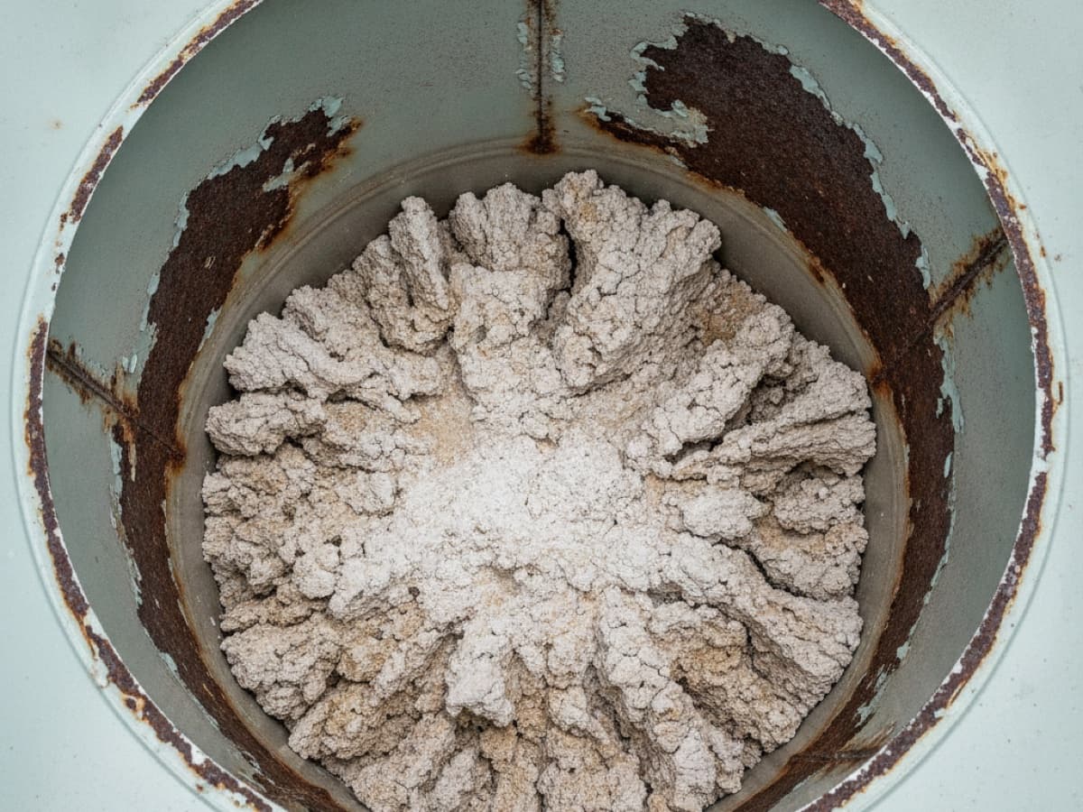 Interior of a failed water heater tank showing a thick bed of calcium scale and rust blistering where the glass lining broke down
